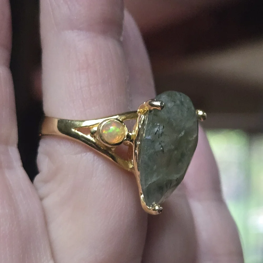 Prehnite & opal sterling & gold Ring sz7.5 - Picture 13 of 15